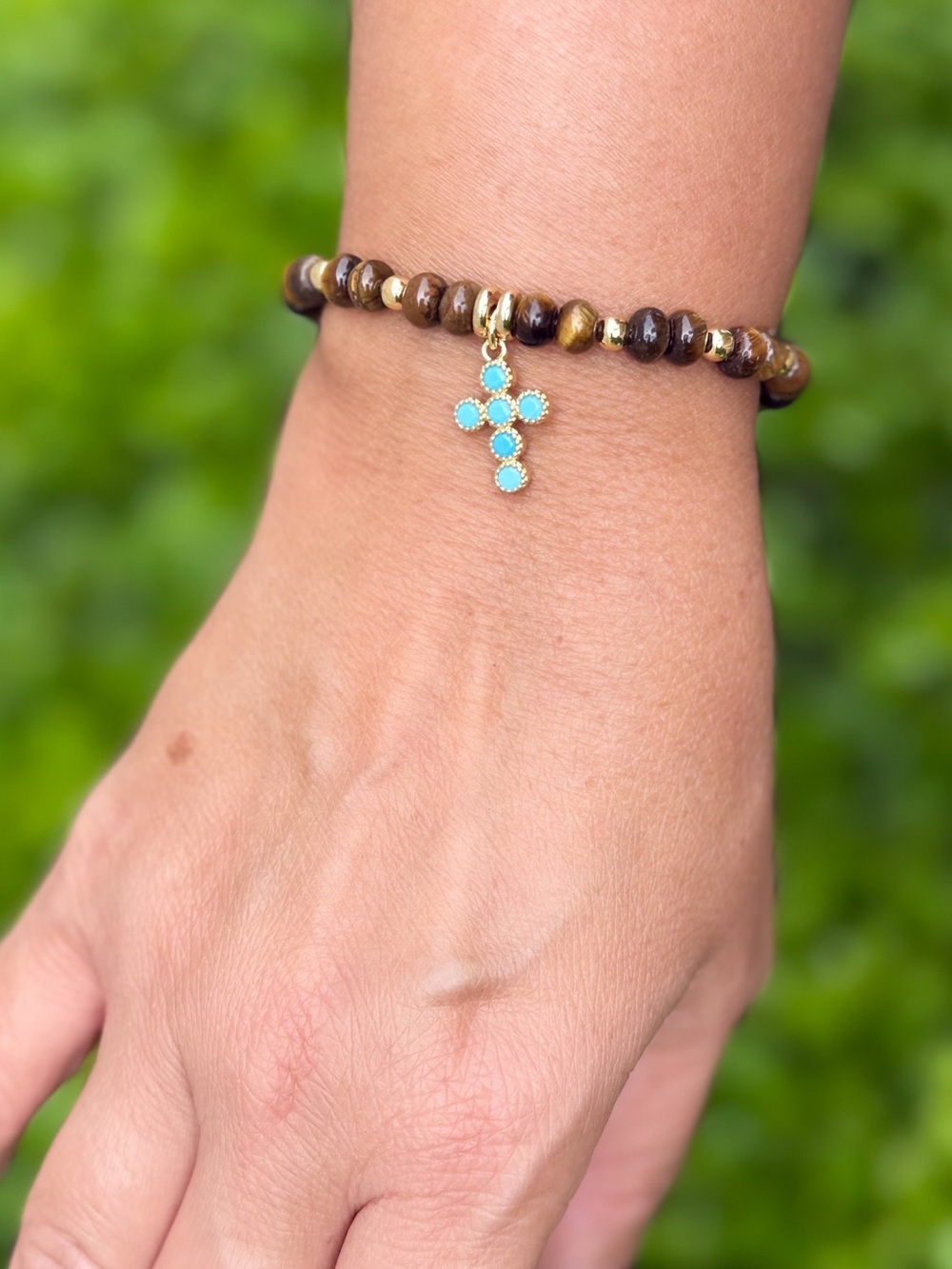 Turquoise Cross Tiger Eye Bead Bracelet - Women Jewelry